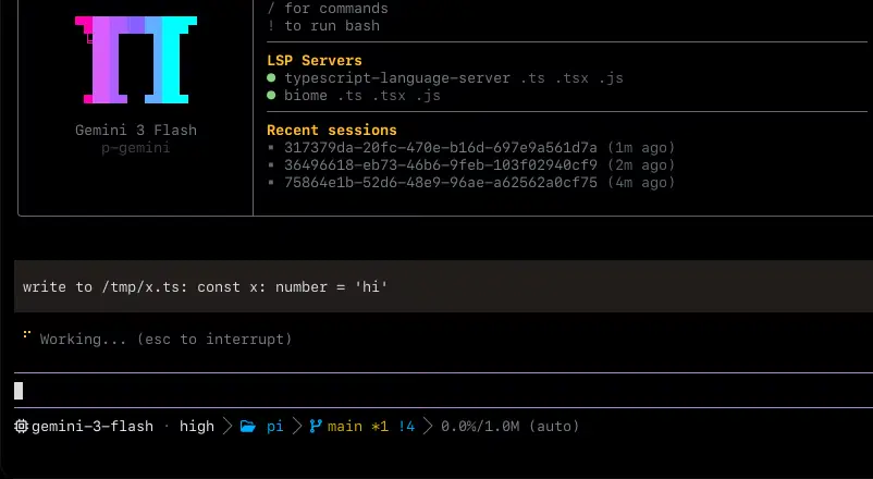 omp TUI with TypeScript and Biome language servers active