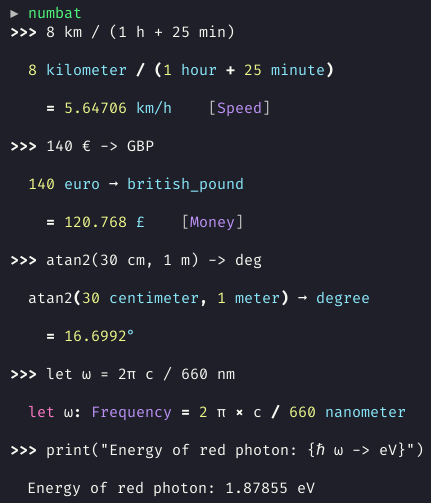 Numbat interactive terminal session