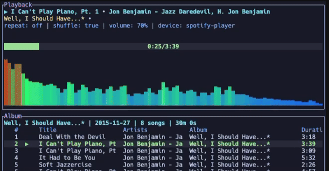 spotify-player playing an album with the audio visualizer