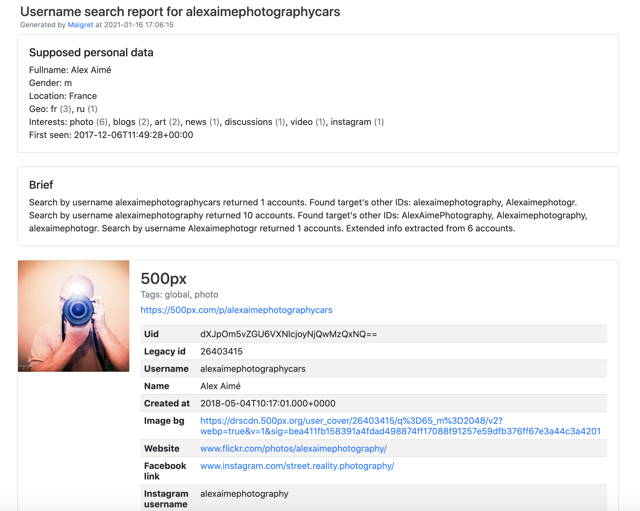 Maigret HTML report screenshot
