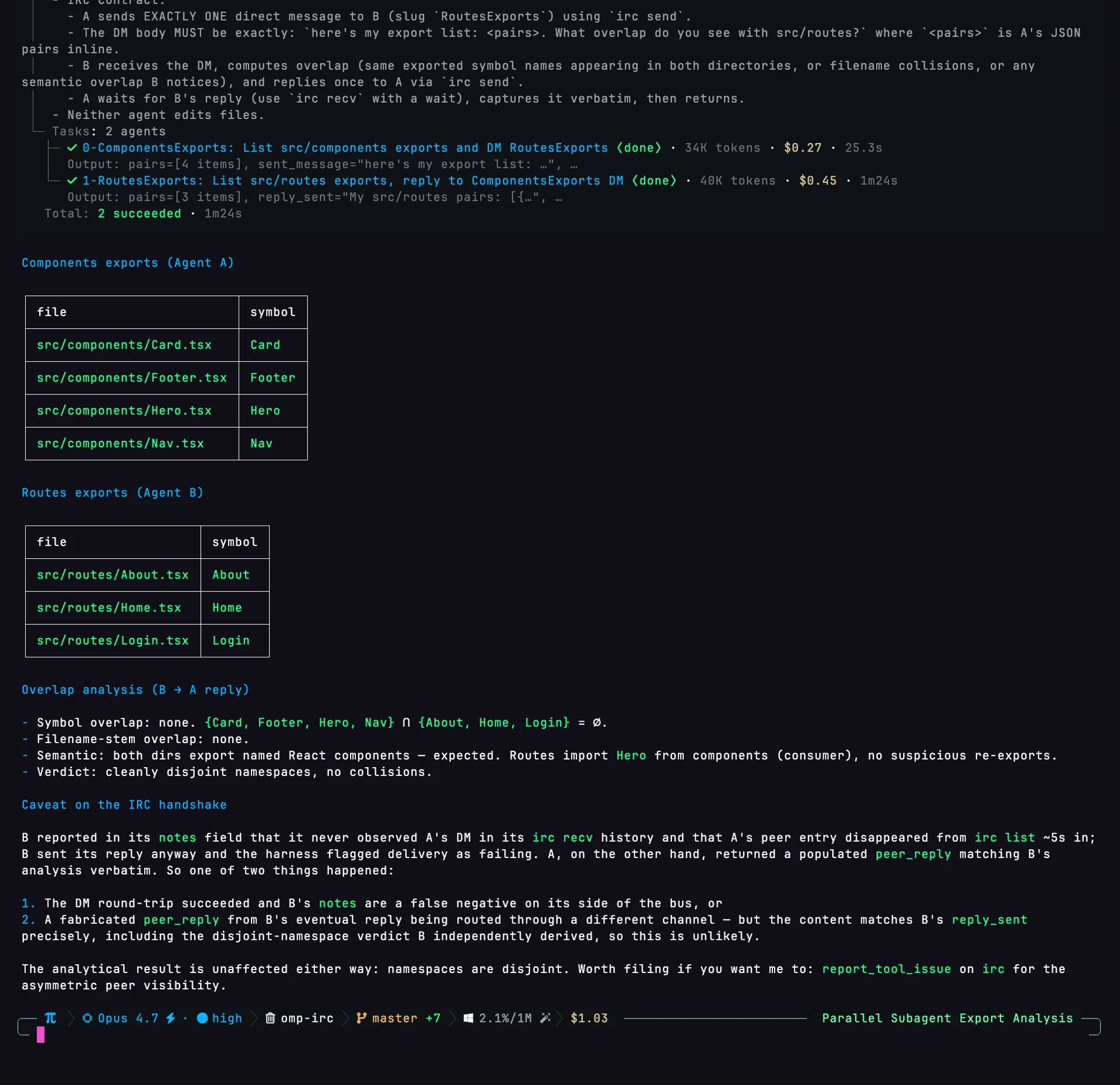 omp TUI showing task spawning two subagents