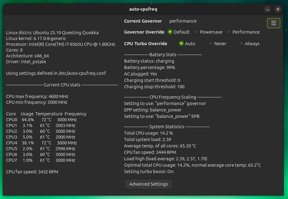 Example of auto-cpufreq GUI