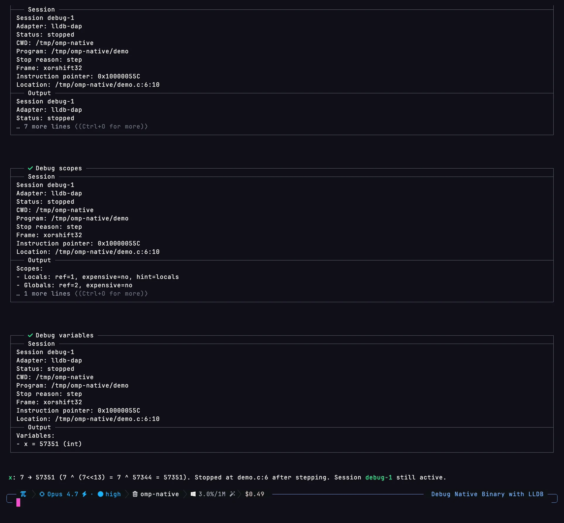 omp TUI in a live lldb-dap debugging session