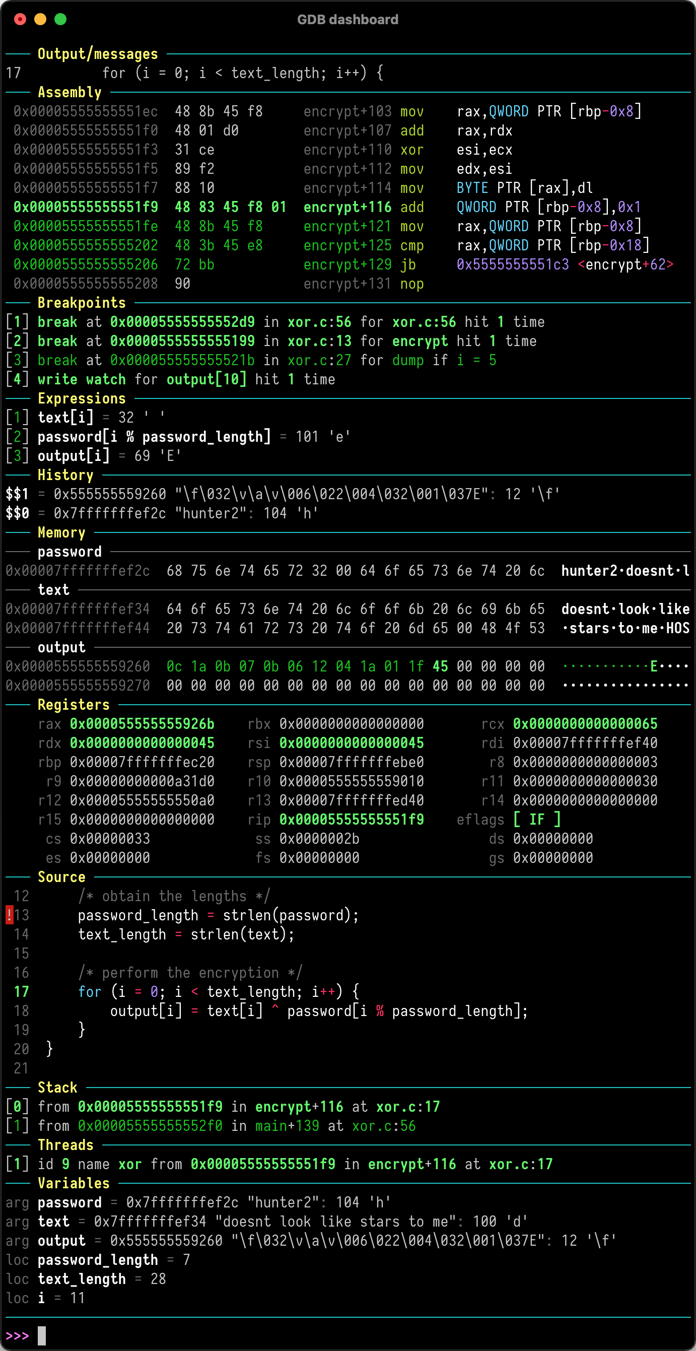 GDB dashboard screenshot