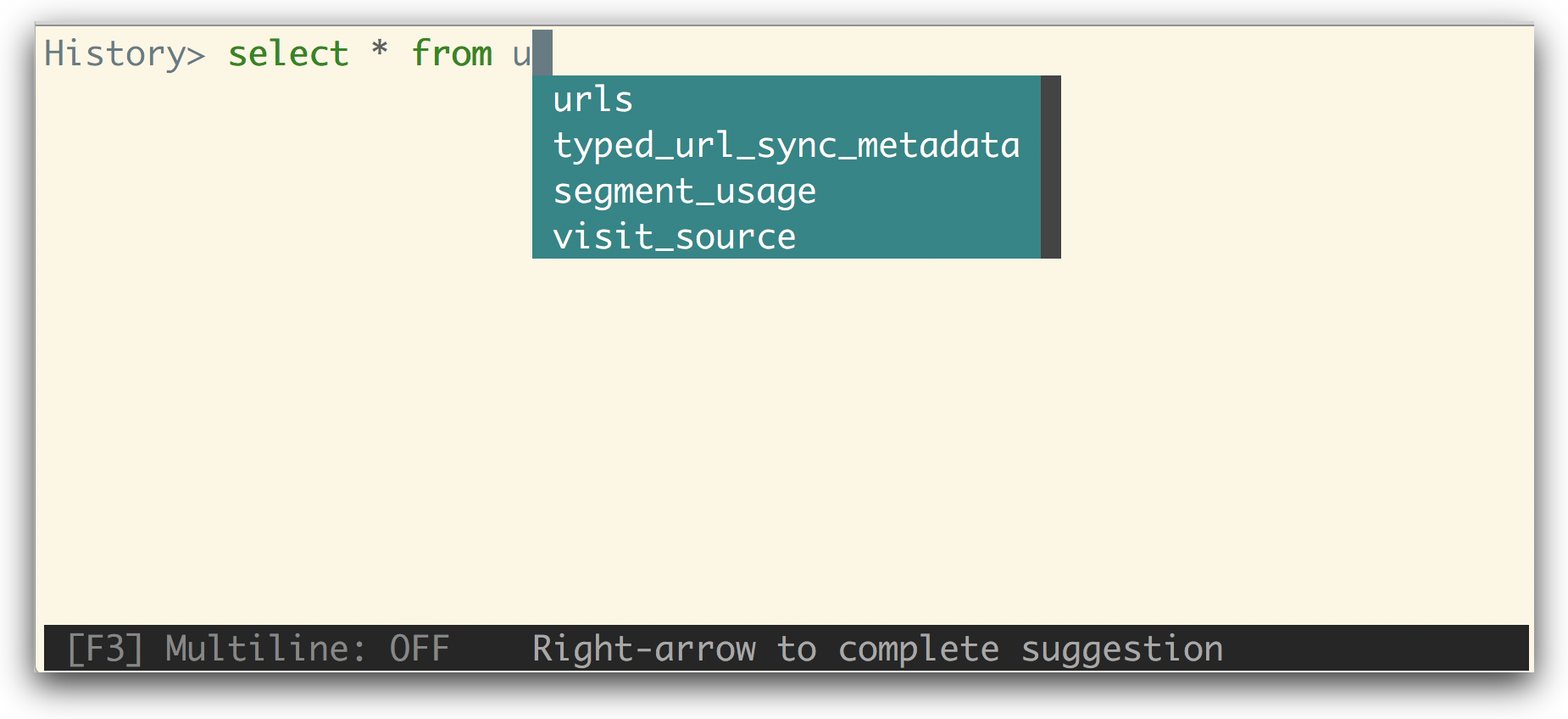 litecli completion screenshot