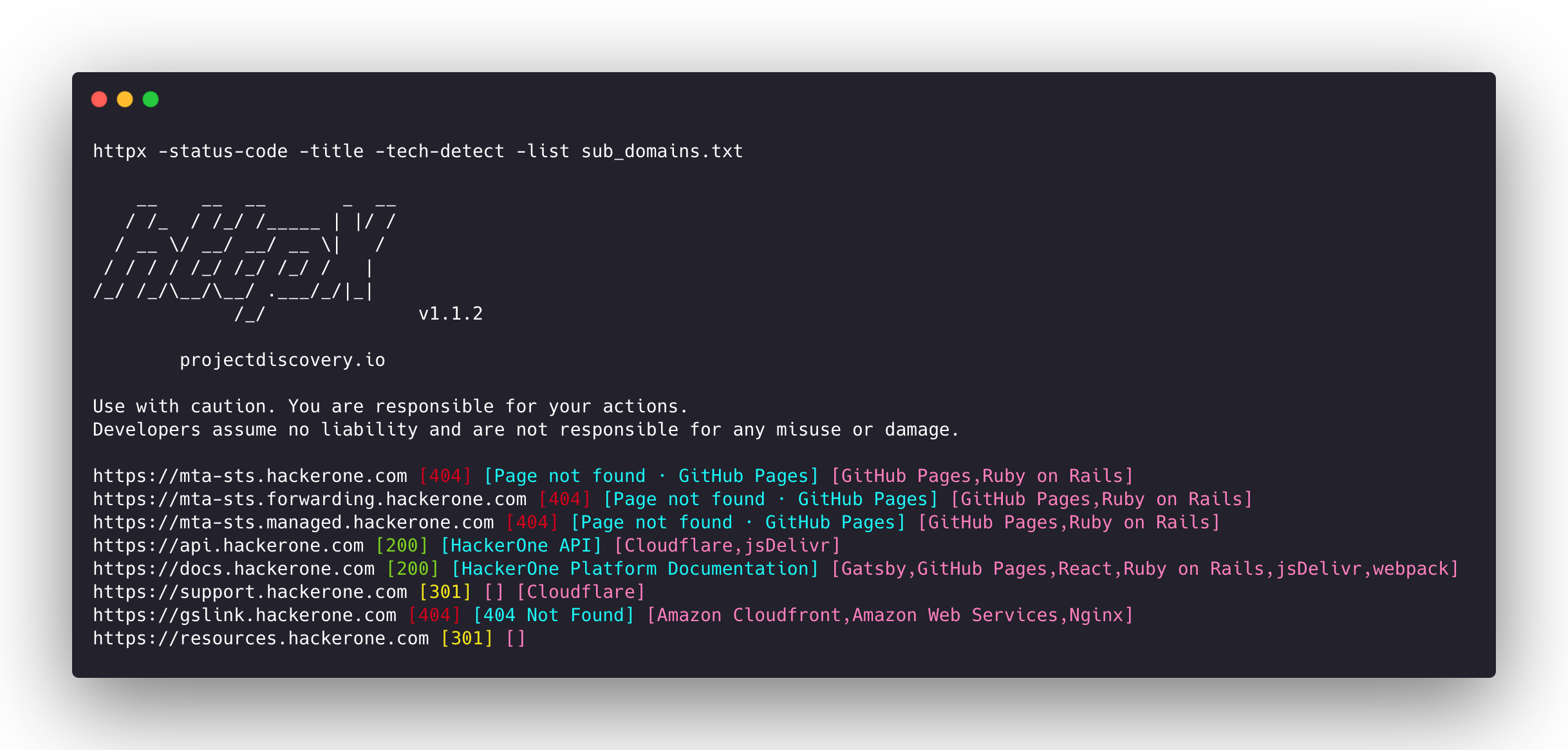 httpx running probes against targets