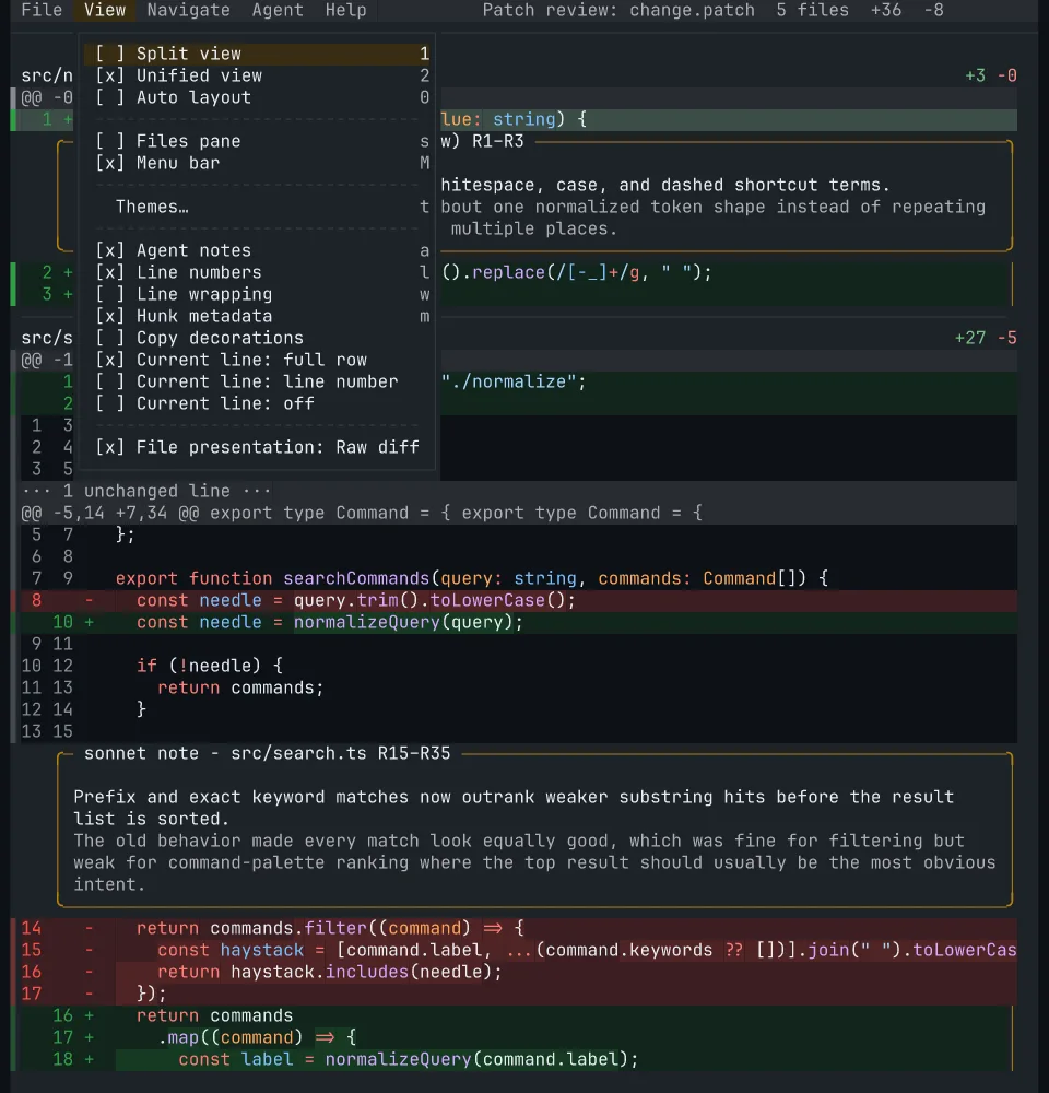 Hunk unified view with mouse-selectable menus