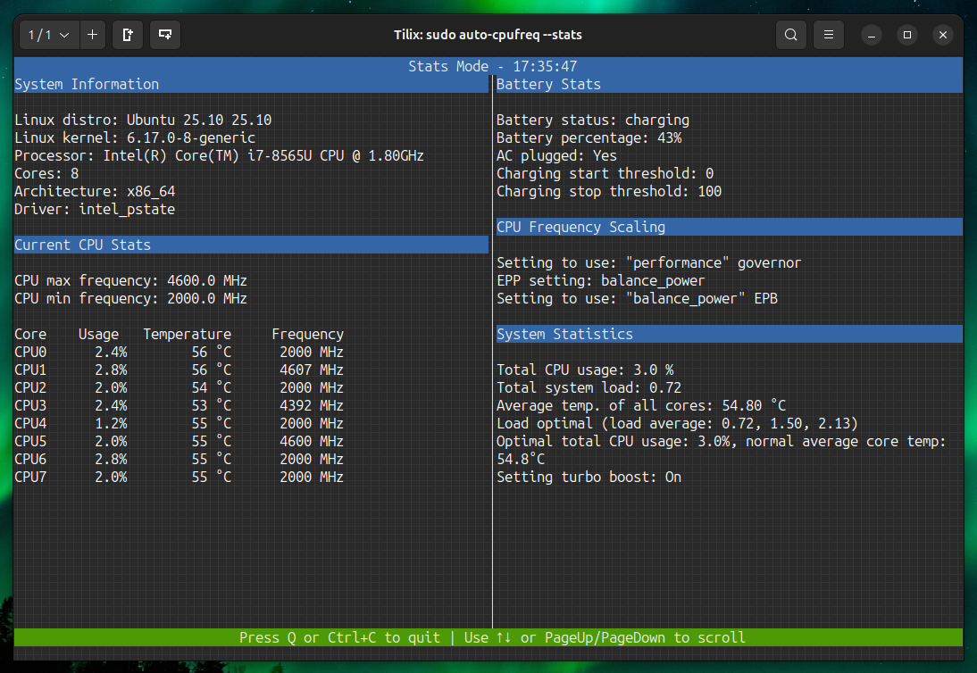 Example of auto-cpufreq CLI output