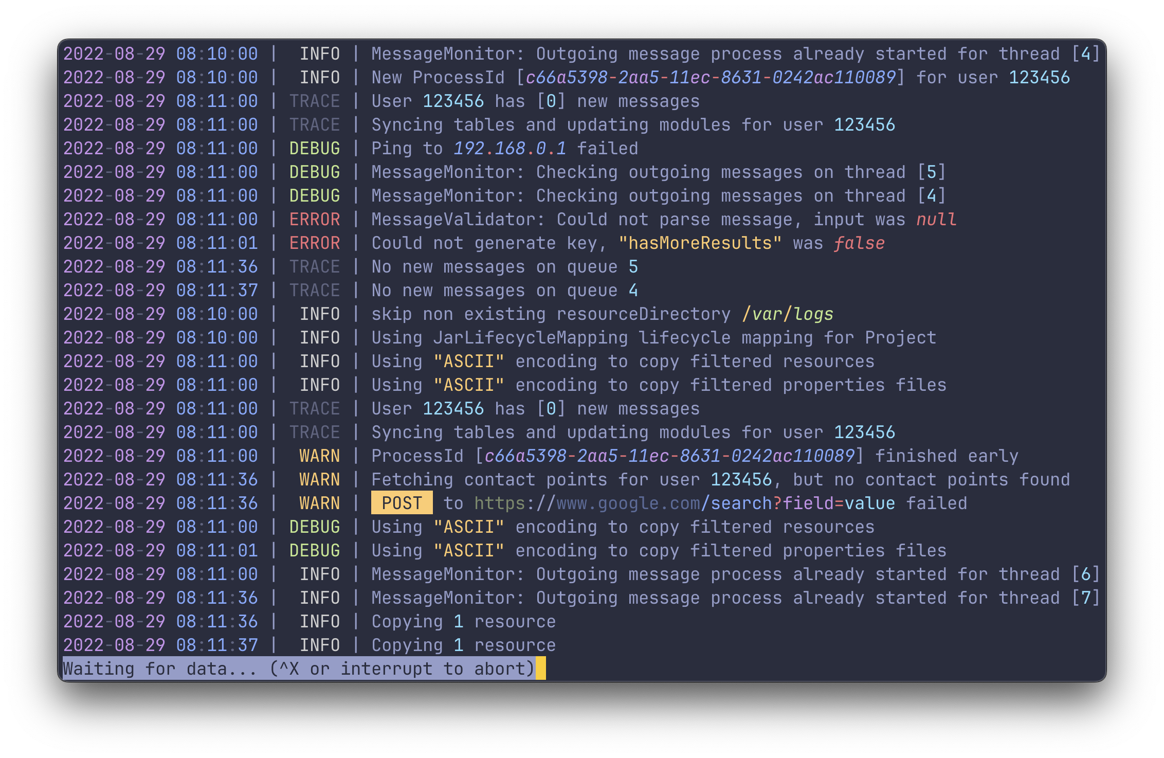 tailspin highlighting a log file