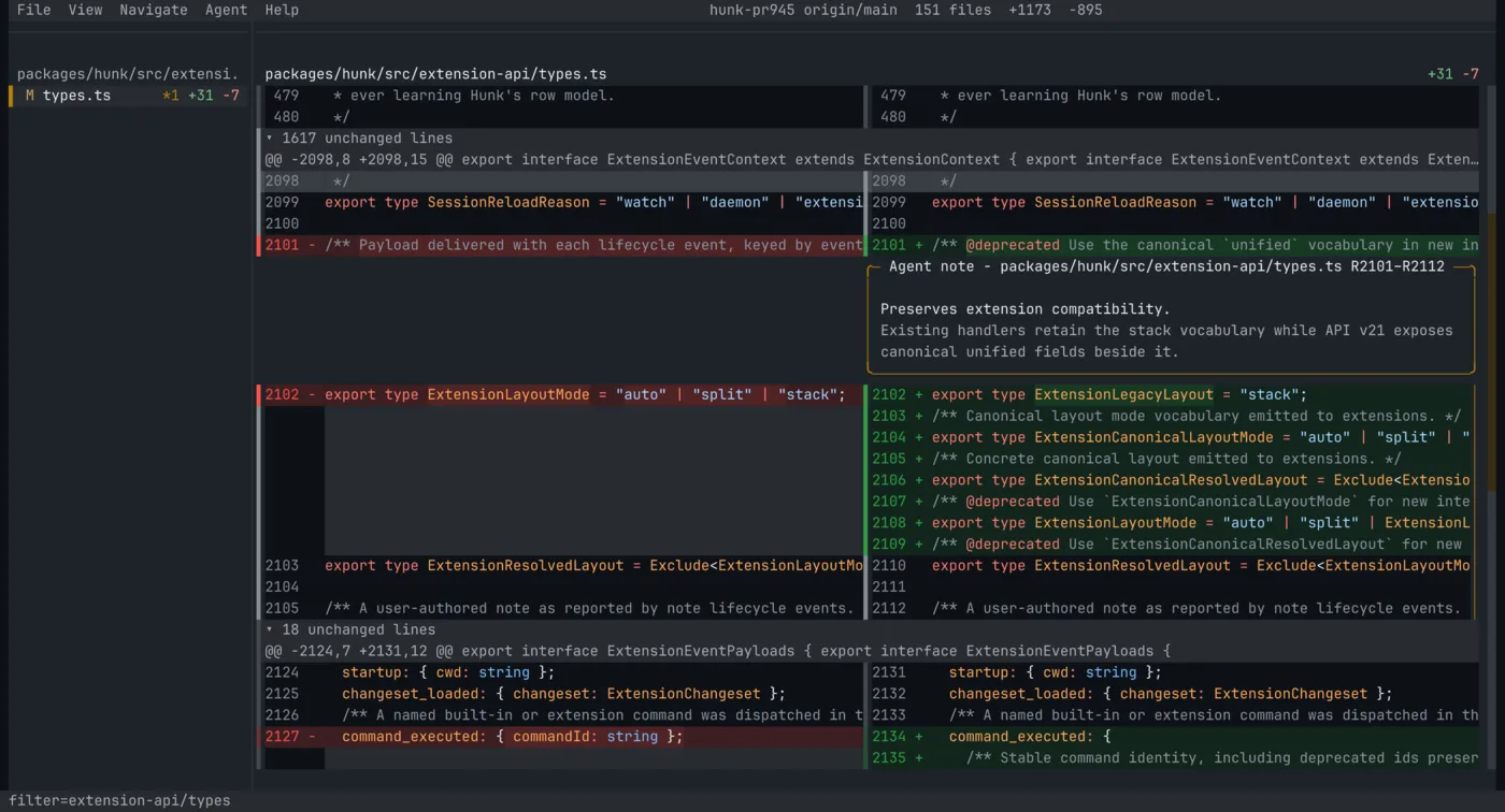 Hunk split view with sidebar and inline AI notes